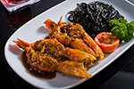 River prawn with black spaghetti in garlic sauce